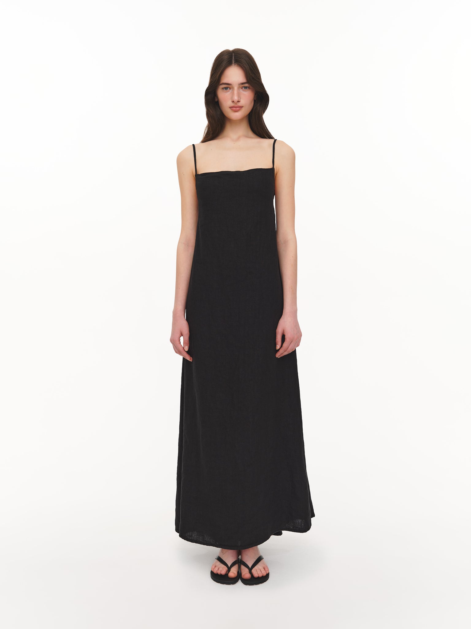 Black linen dress with thin straps